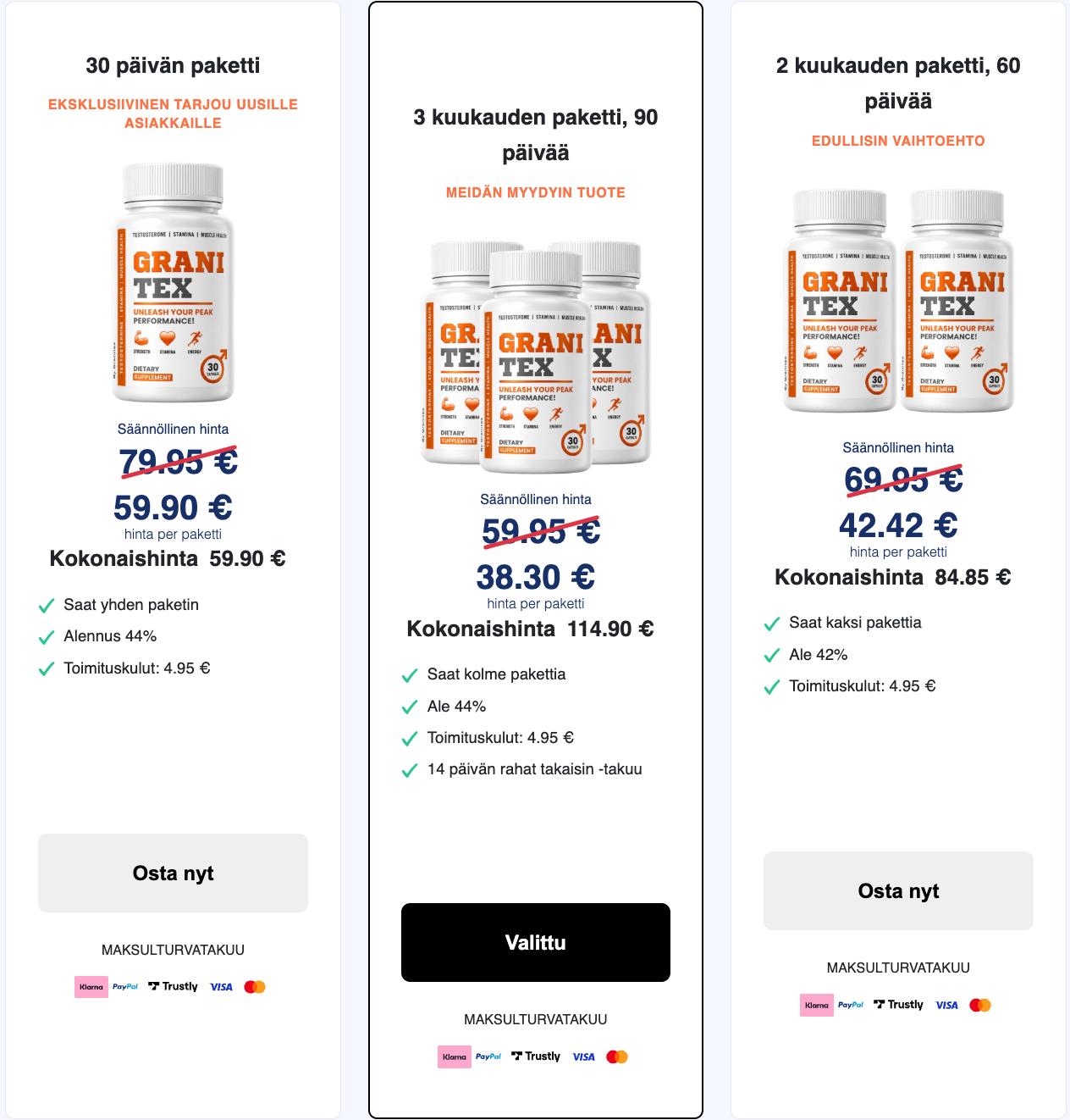 GraniteX Finland price packages: 30, 60 and 90 day options in euros