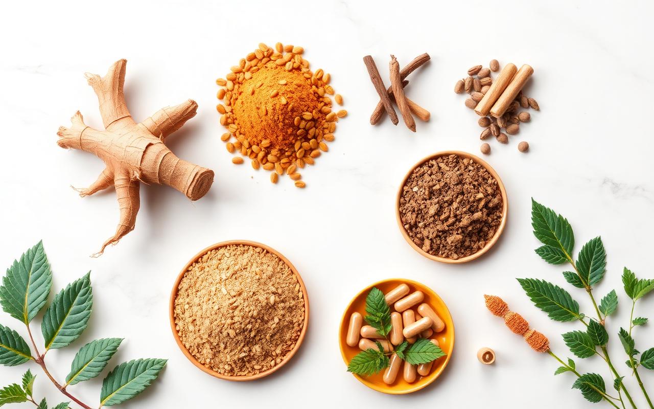 Herbal and mineral supplement ingredients arranged on a white marble surface