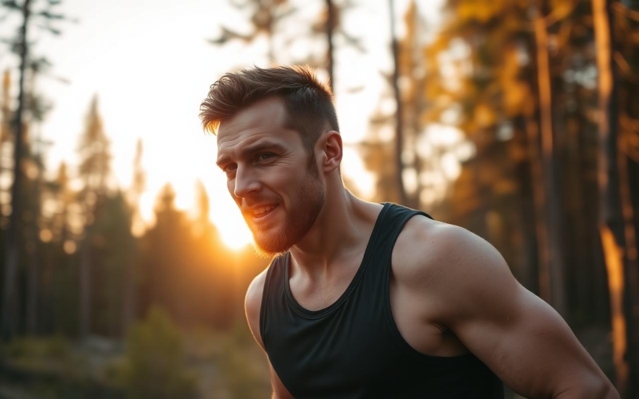 Active Finnish man training outdoors in a pine forest at sunset